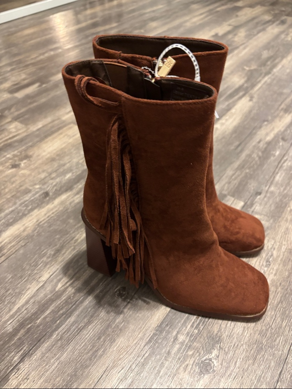 New York & Company Rust Brown Suede Fringe Block Heel Ankle Boots - Picture 1 of 3